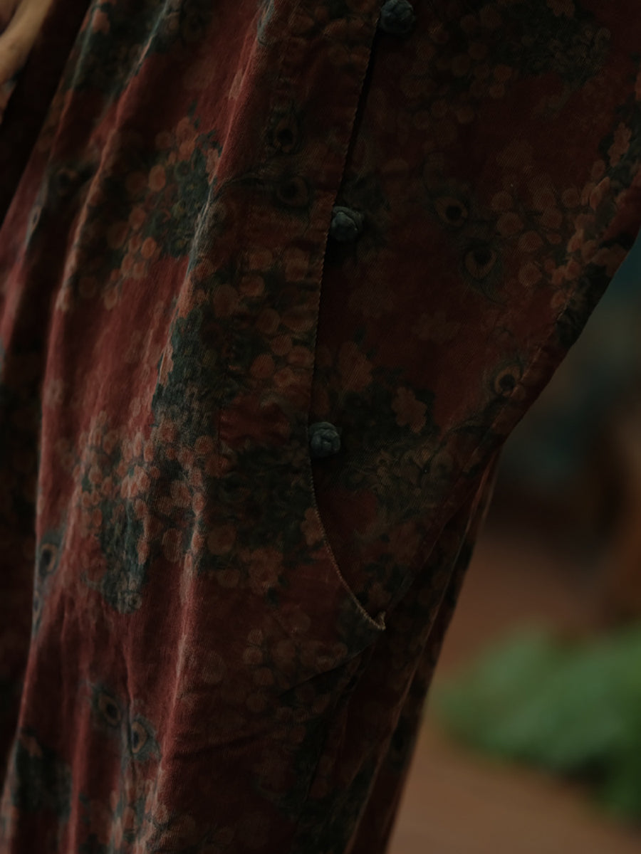 Women Autumn Vintage Flower Cotton Robe Dress AT1081 BUYKUD