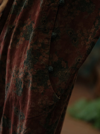 Women Autumn Vintage Flower Cotton Robe Dress AT1081 BUYKUD