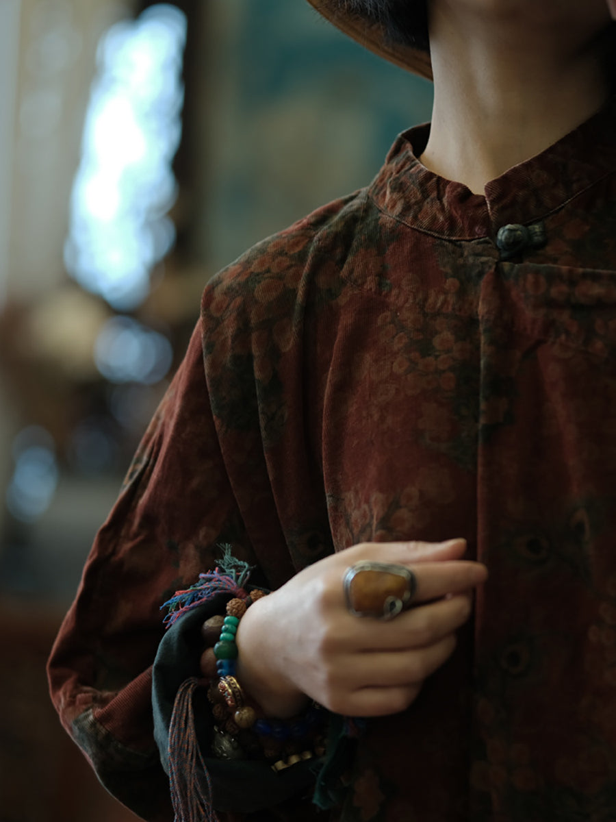 Women Autumn Vintage Flower Cotton Robe Dress AT1081 BUYKUD