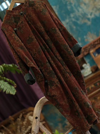 Women Autumn Vintage Flower Cotton Robe Dress AT1081 BUYKUD