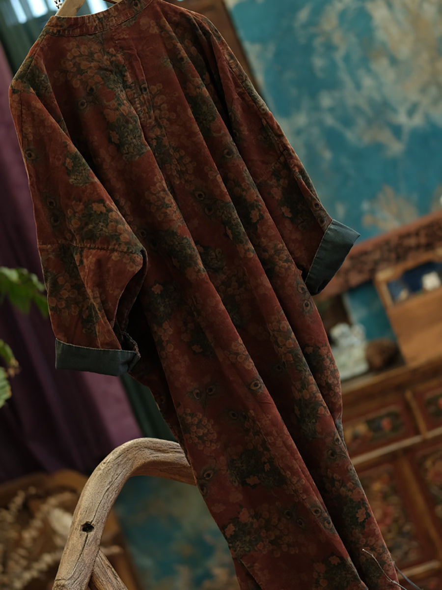 Women Autumn Vintage Flower Cotton Robe Dress AT1081 BUYKUD