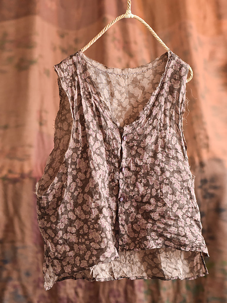 Women Artsy Floral Summer Ramie V-Neck Vest RR017 BUYKUD