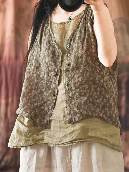 Women Artsy Floral Summer Ramie V-Neck Vest RR017 BUYKUD