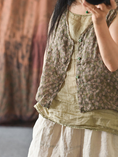 Women Artsy Floral Summer Ramie V-Neck Vest RR017 BUYKUD