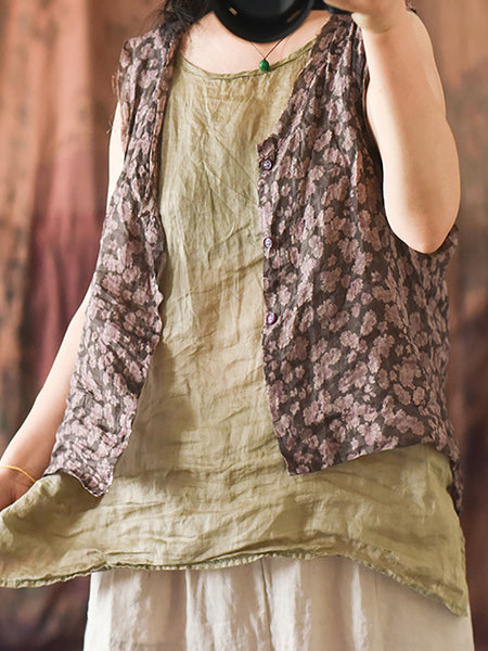Women Artsy Floral Summer Ramie V-Neck Vest RR017 BUYKUD