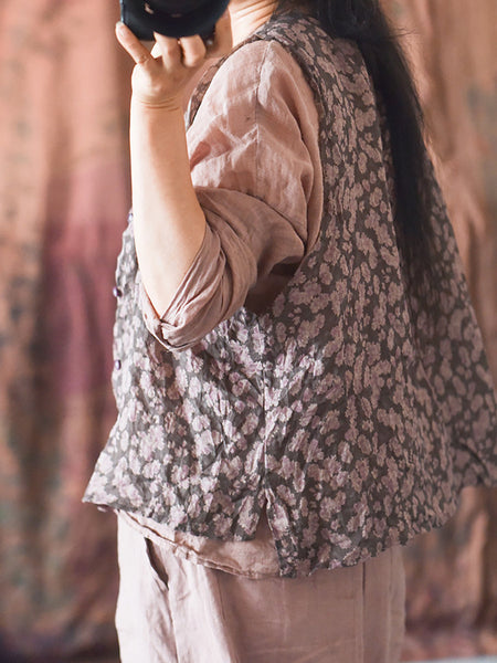 Women Artsy Floral Summer Ramie V-Neck Vest RR017 BUYKUD