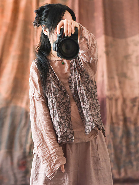 Women Artsy Floral Summer Ramie V-Neck Vest RR017 BUYKUD