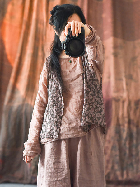 Women Artsy Floral Summer Ramie V-Neck Vest RR017 BUYKUD