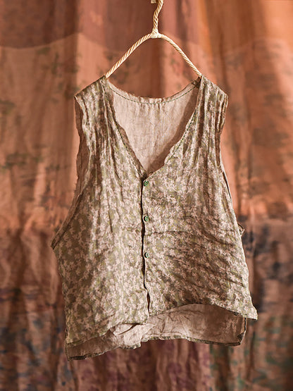 Women Artsy Floral Summer Ramie V-Neck Vest RR017 BUYKUD