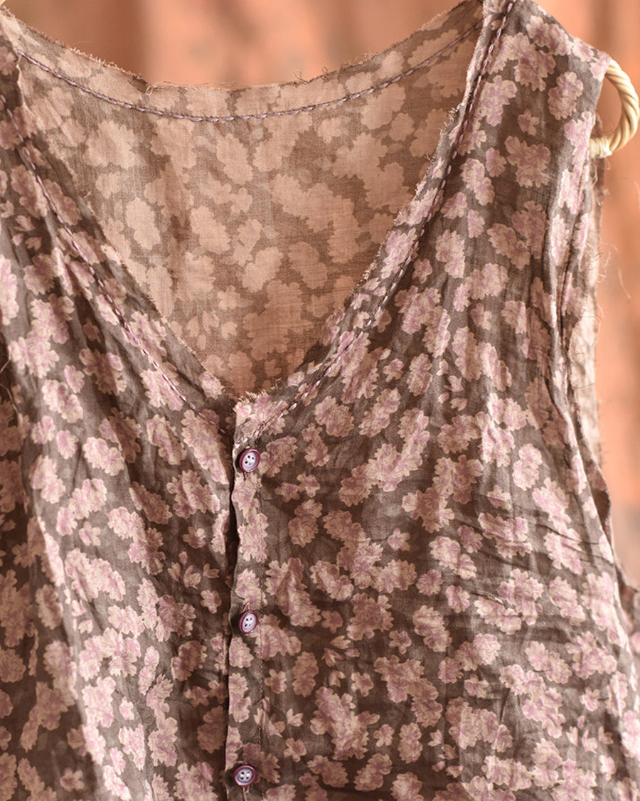 Women Artsy Floral Summer Ramie V-Neck Vest RR017 BUYKUD
