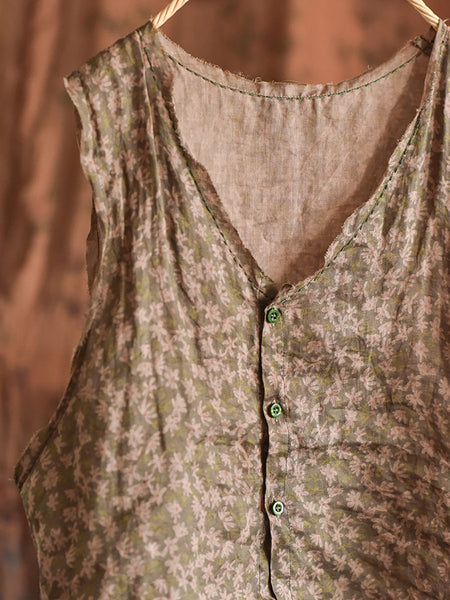 Women Artsy Floral Summer Ramie V-Neck Vest RR017 BUYKUD