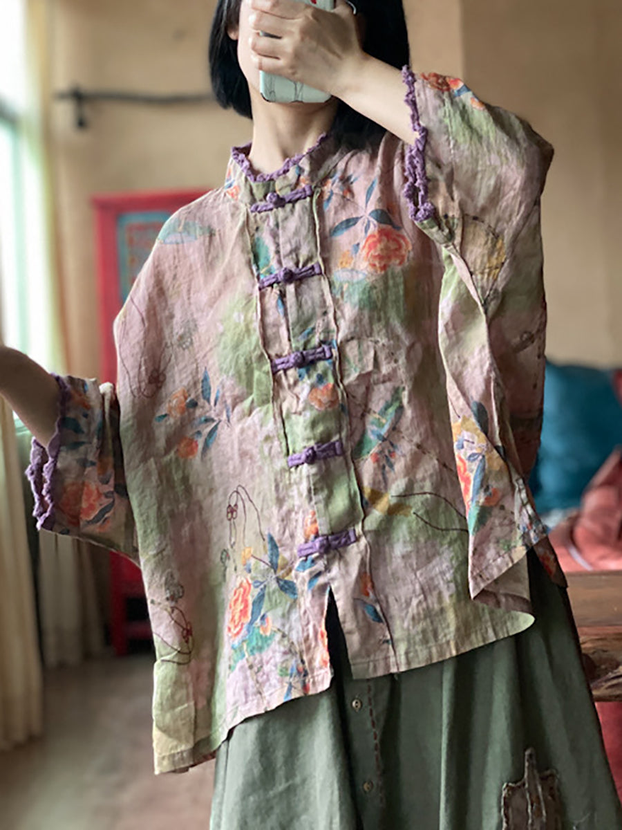 Women Summer Ethnic Flower Button Linen Shirt RR022 BUYKUD