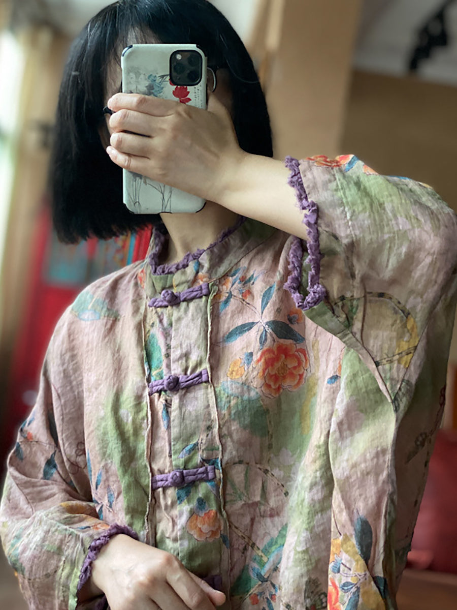 Women Summer Ethnic Flower Button Linen Shirt RR022 BUYKUD