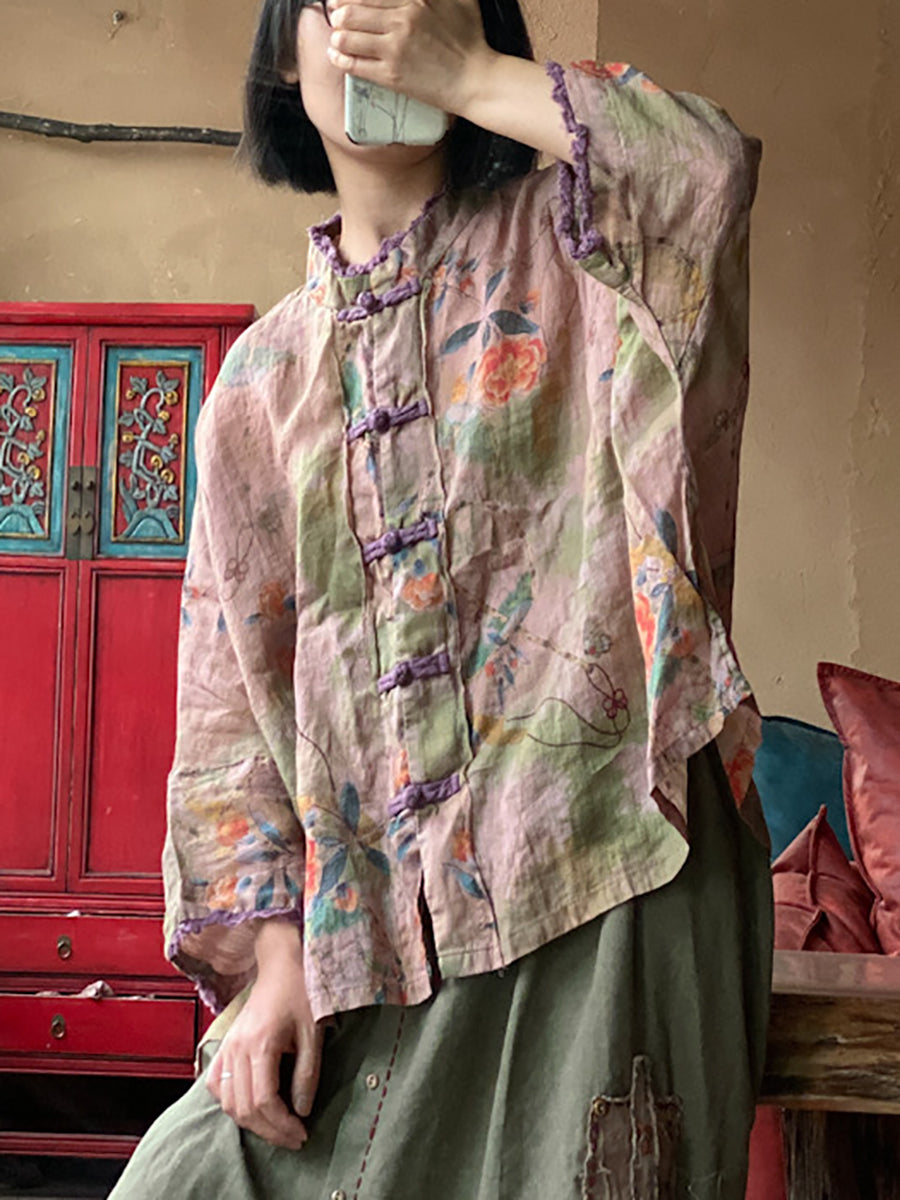 Women Summer Ethnic Flower Button Linen Shirt RR022 BUYKUD