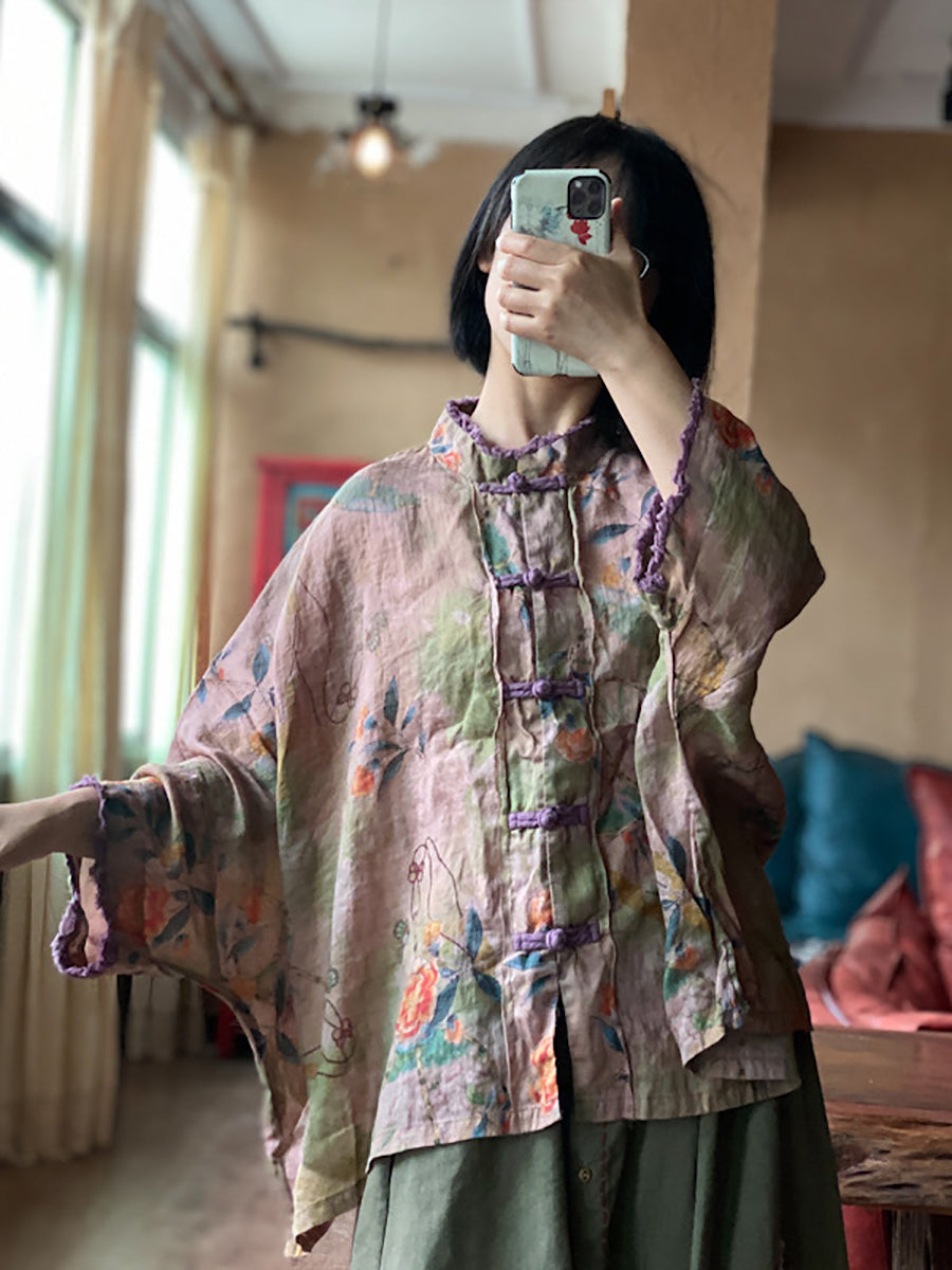 Women Summer Ethnic Flower Button Linen Shirt RR022 BUYKUD