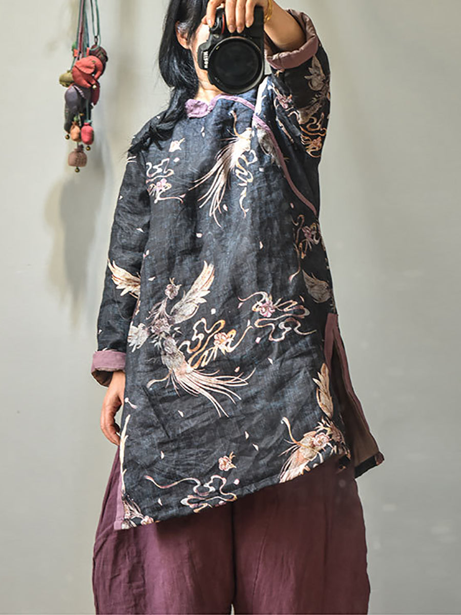 Winter Retro Thick Print 100%Ramie Coat AV1046 Genistyle Shop