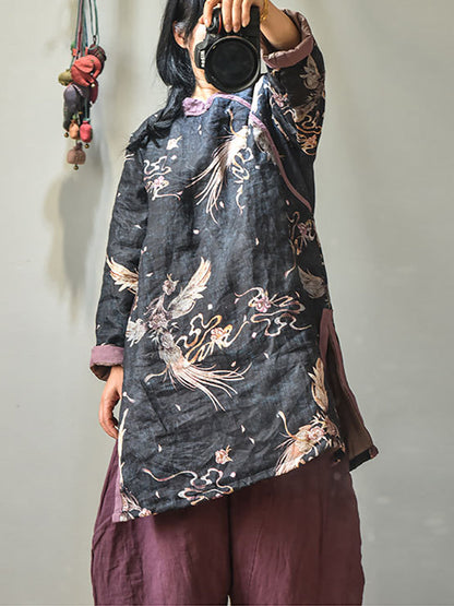 Winter Retro Thick Print 100%Ramie Coat AV1046 Genistyle Shop