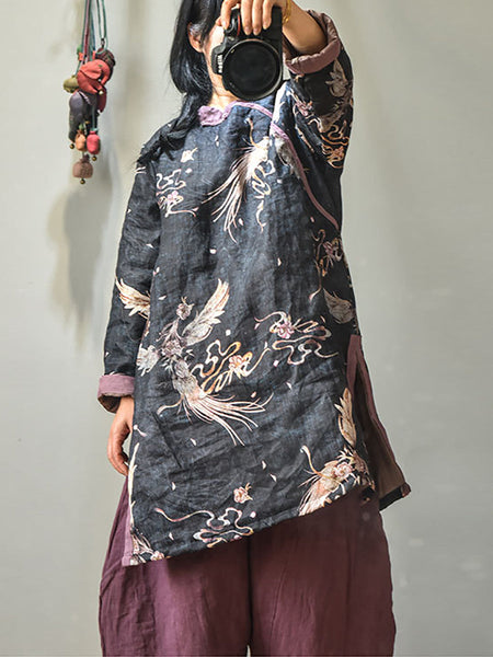 Winter Retro Thick Print 100%Ramie Coat AV1046 Genistyle Shop