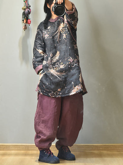 Winter Retro Thick Print 100%Ramie Coat AV1046 Genistyle Shop