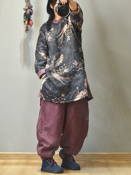 Winter Retro Thick Print 100%Ramie Coat AV1046 Genistyle Shop