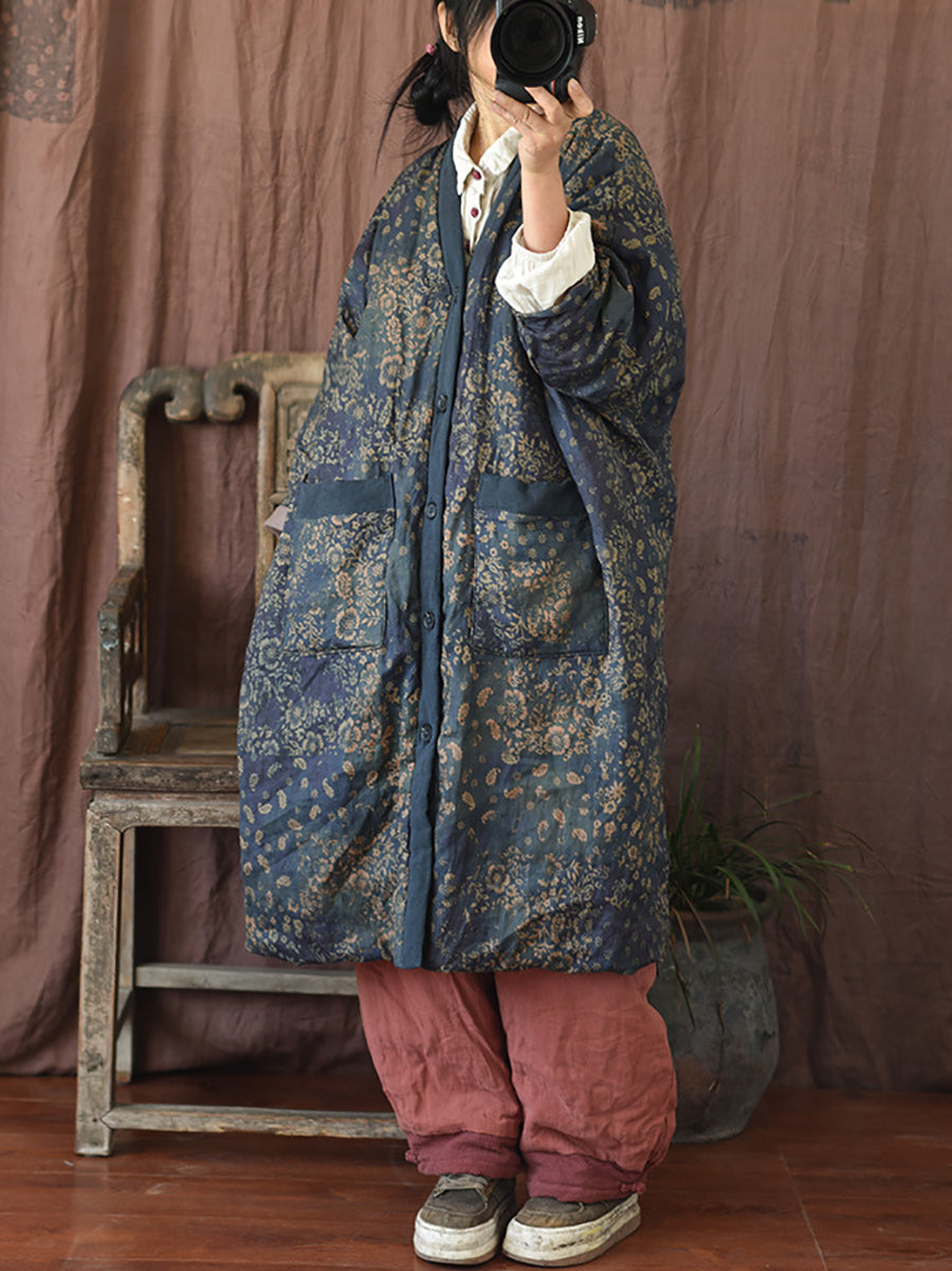 Women Winter Flower V-Neck Linen Cotton Padded Coat RR027 QYMM