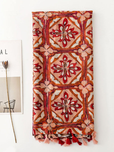 Women Ethnic Flower Spliced Tassel Shawl Scarf RR011 BUYKUD