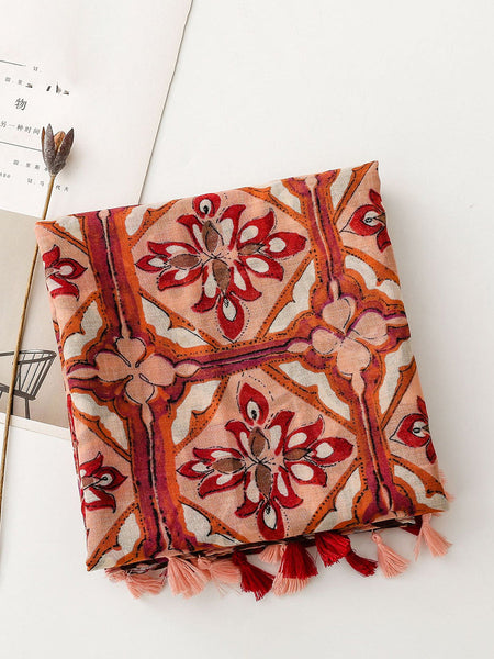 Women Ethnic Flower Spliced Tassel Shawl Scarf RR011 BUYKUD