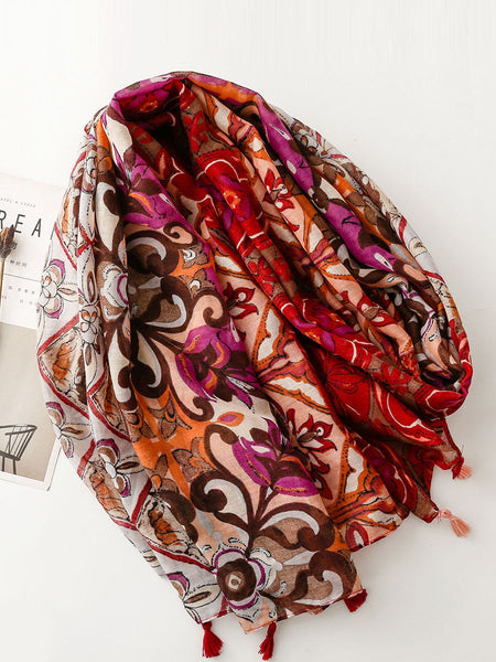 Women Ethnic Flower Spliced Tassel Shawl Scarf RR011 BUYKUD