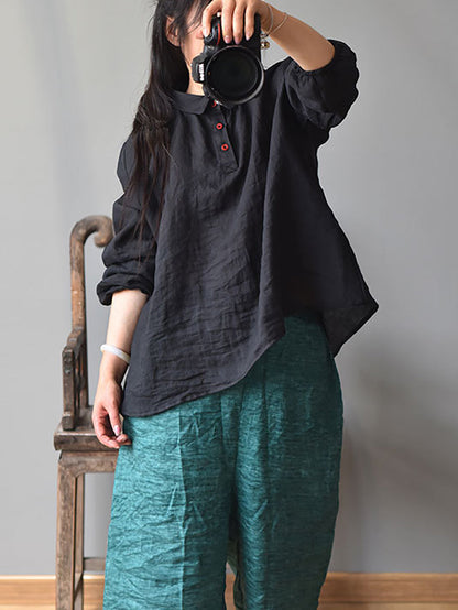 Women Summer Solid Turn-down Collar Loose Ramie Shirt RR010 QYMM