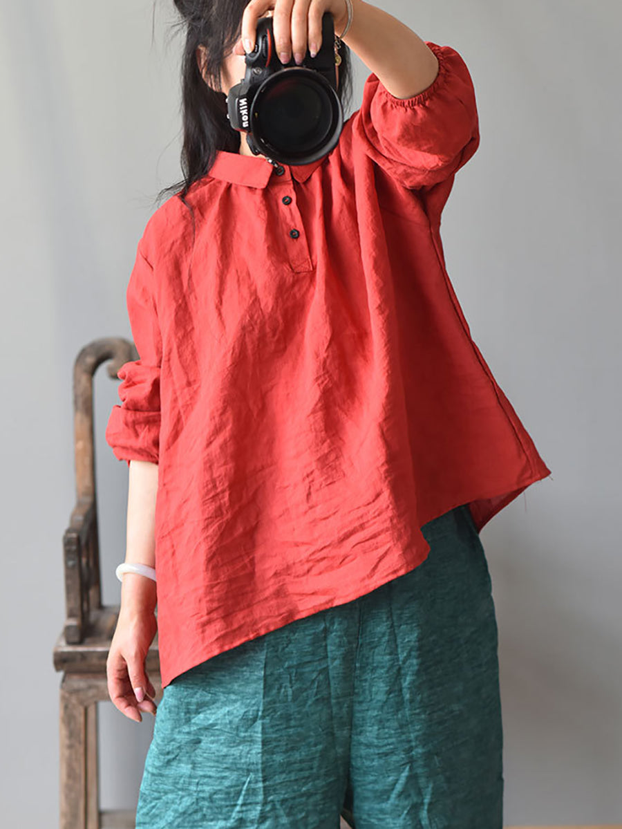 Women Summer Solid Turn-down Collar Loose Ramie Shirt RR010 QYMM