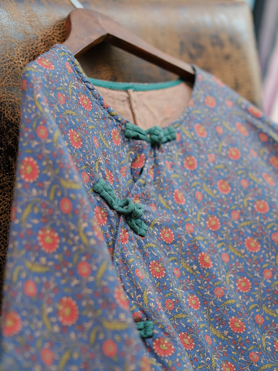 Women Autumn Vintage Floral O-Neck Cotton Dress RR018 BUYKUD