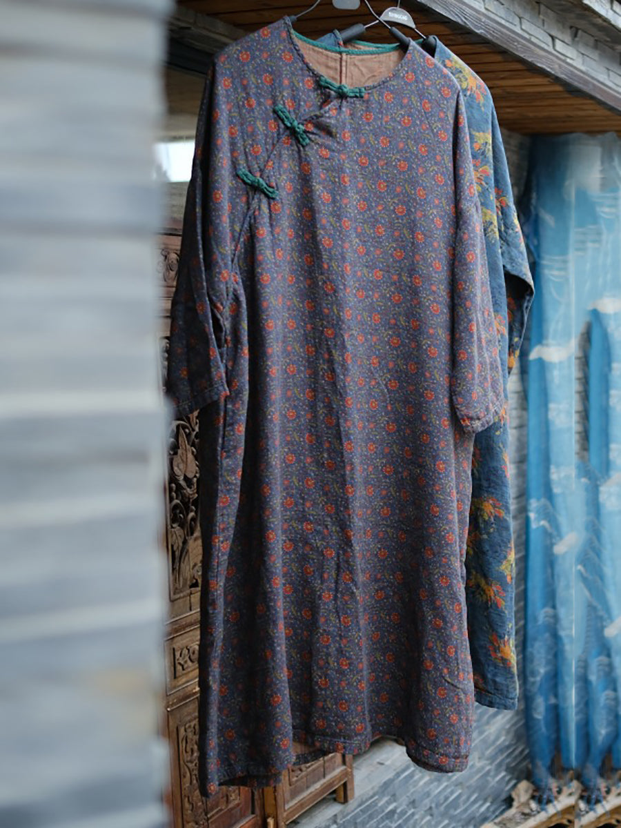 Women Autumn Vintage Floral O-Neck Cotton Dress RR018 BUYKUD