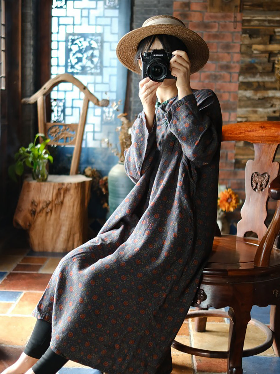 Women Autumn Vintage Floral O-Neck Cotton Dress RR018 BUYKUD