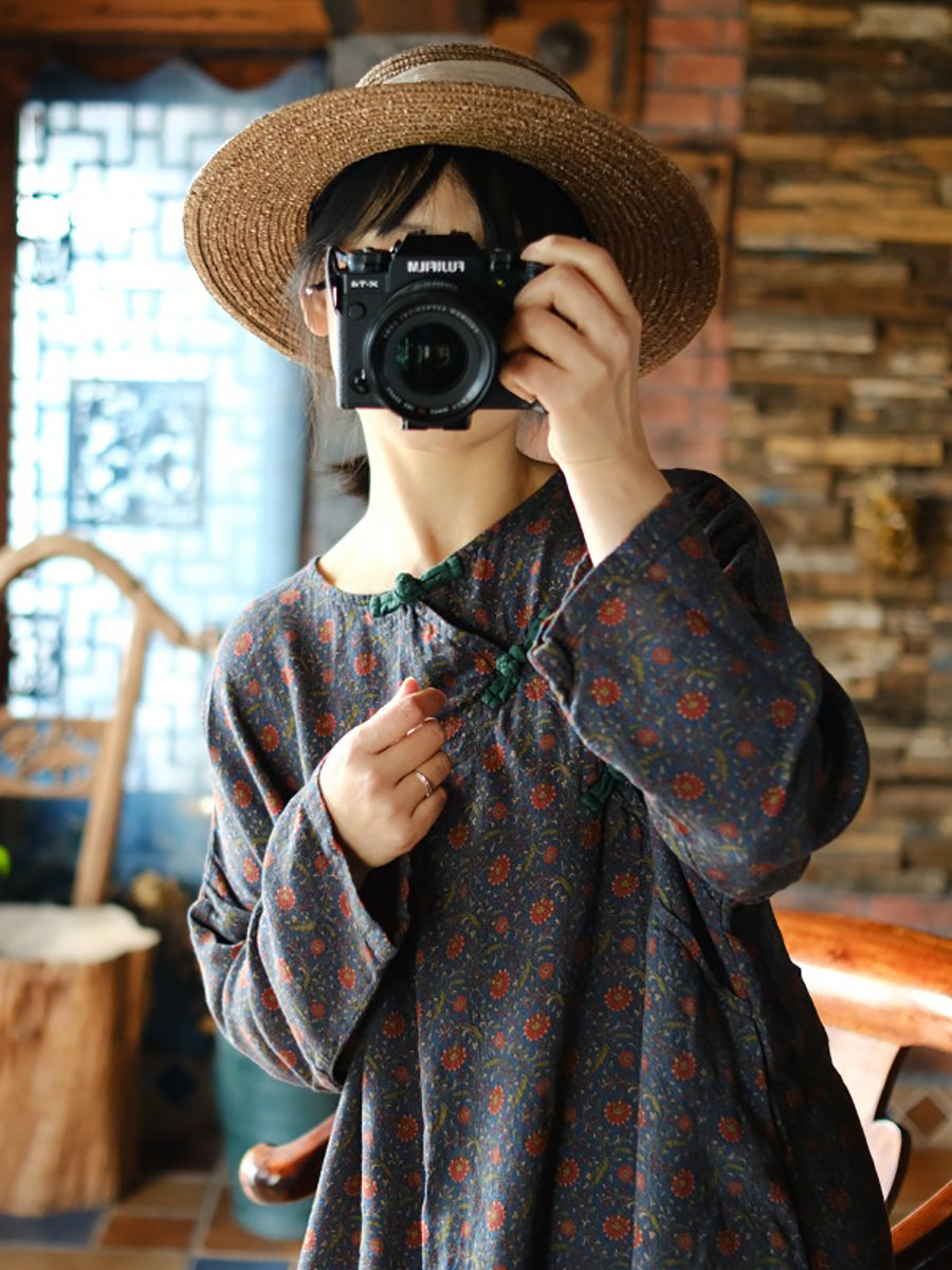 Women Autumn Vintage Floral O-Neck Cotton Dress RR018 BUYKUD