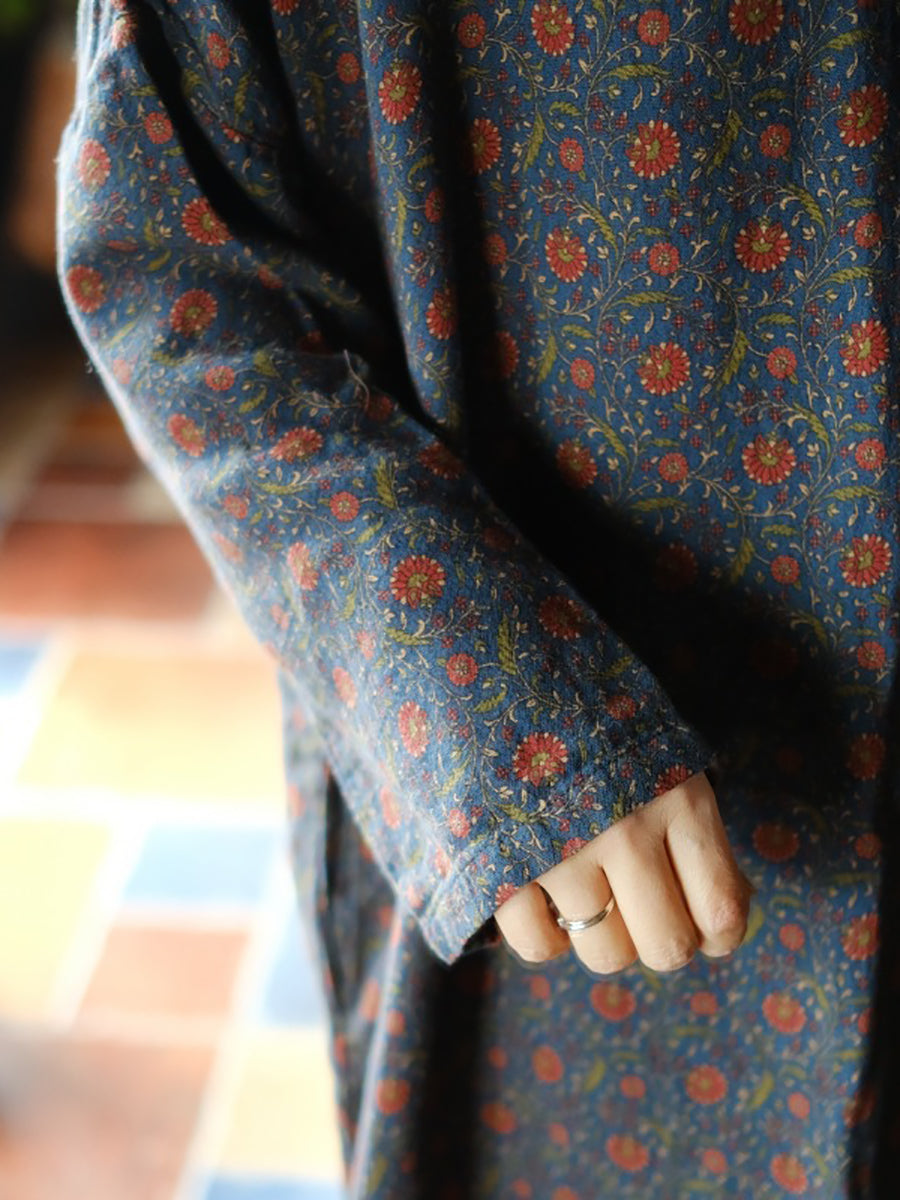 Women Autumn Vintage Floral O-Neck Cotton Dress RR018 BUYKUD