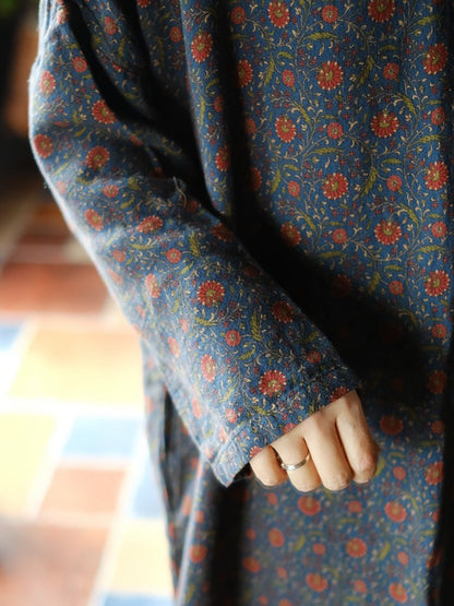 Women Autumn Vintage Floral O-Neck Cotton Dress RR018 BUYKUD