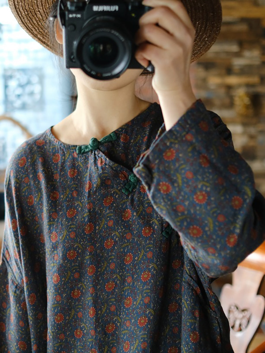 Women Autumn Vintage Floral O-Neck Cotton Dress RR018 BUYKUD