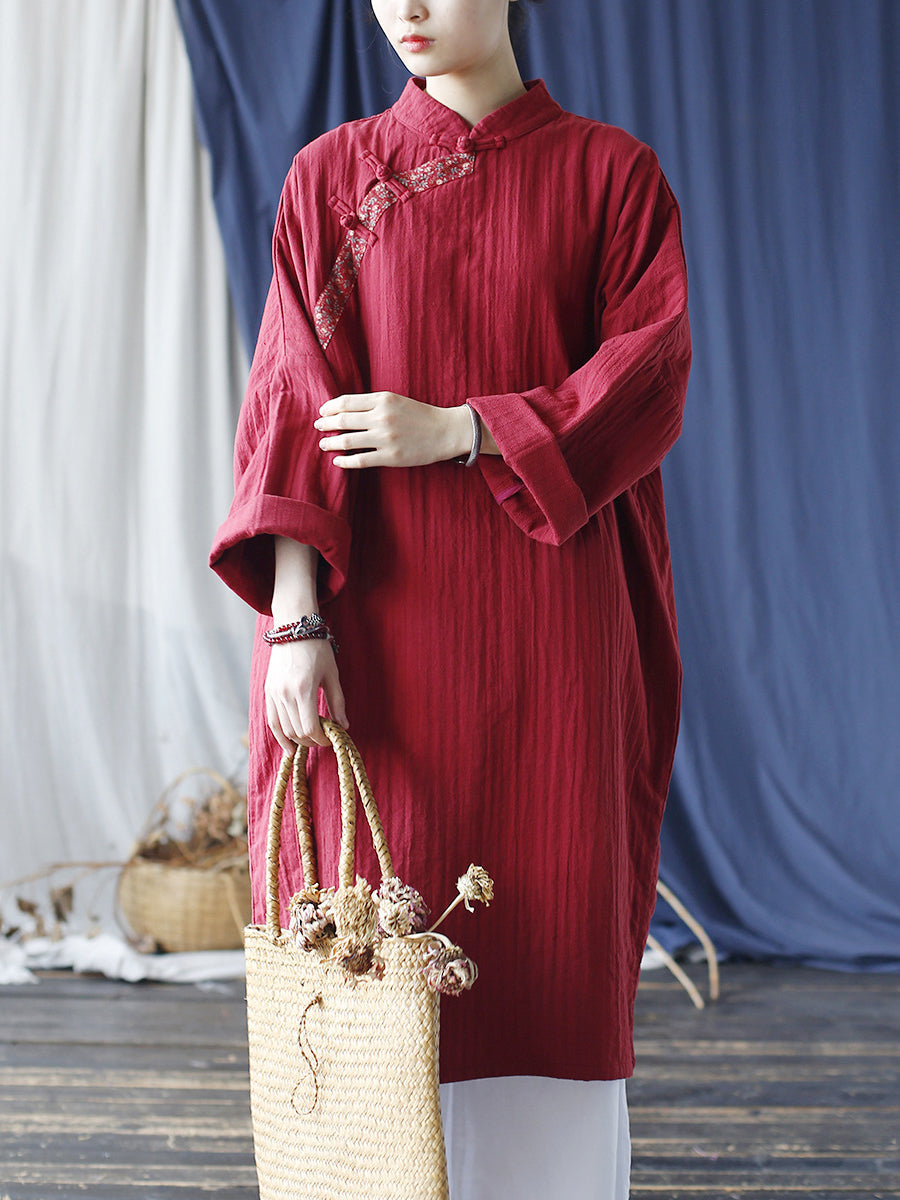 Women Ethnic Autumn Flower Spliced Cotton Robe Dress AS1037 BUYKUD