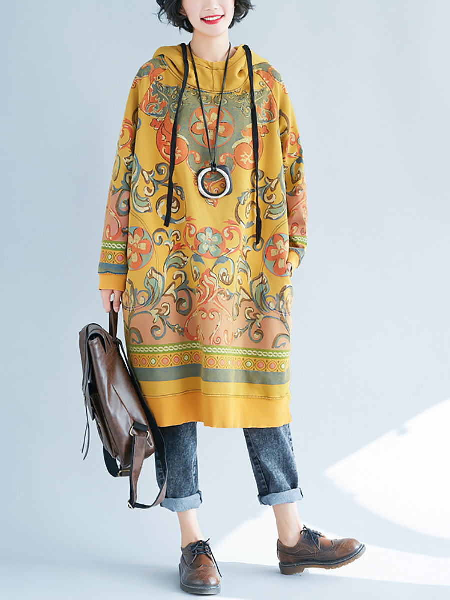 Women Vintage Flower Autumn Hooded Dress AS1041 BUYKUD