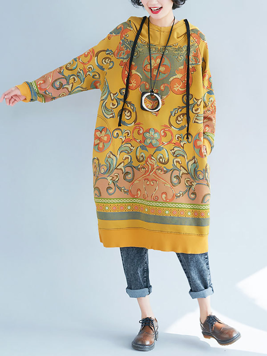 Women Vintage Flower Autumn Hooded Dress AS1041 BUYKUD