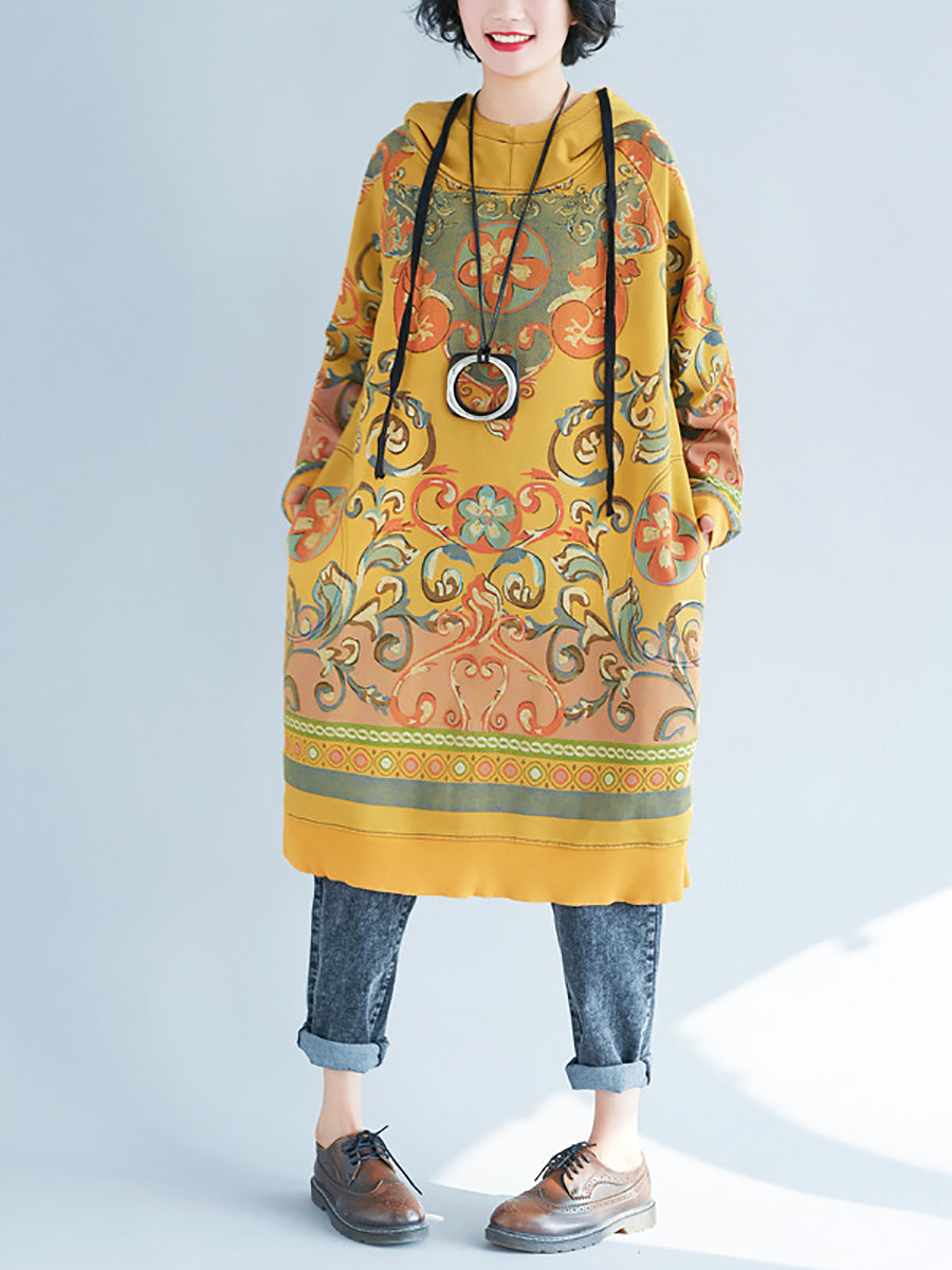 Women Vintage Flower Autumn Hooded Dress AS1041 BUYKUD