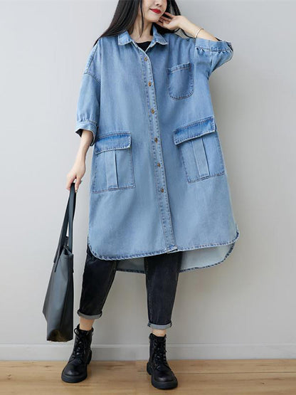 Women Autumn Vintage Three Quarter Sleeve Loose Denim Shirt Dress AS1035 BUYKUD