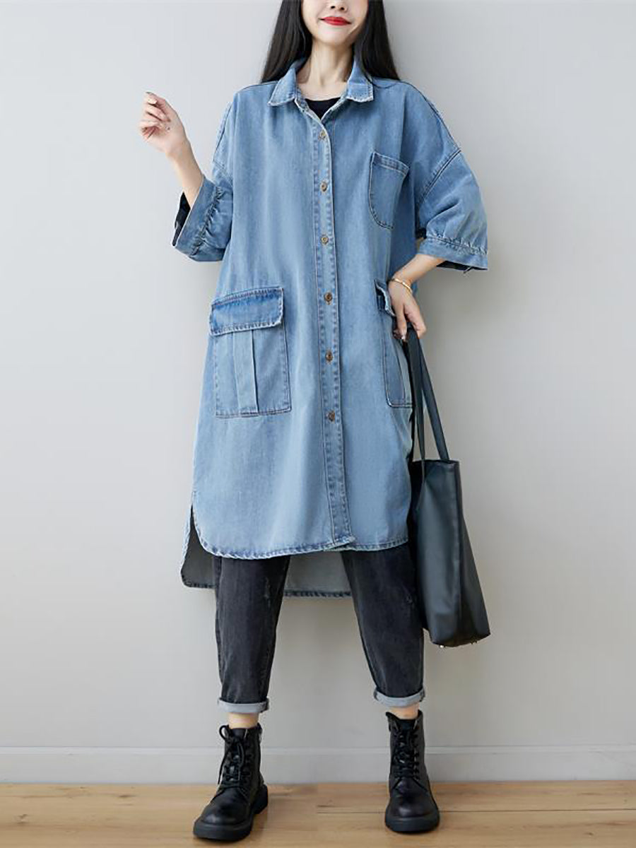 Women Autumn Vintage Three Quarter Sleeve Loose Denim Shirt Dress AS1035 BUYKUD