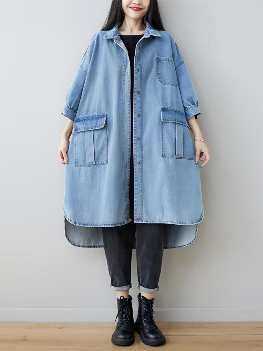 Women Autumn Vintage Three Quarter Sleeve Loose Denim Shirt Dress AS1035 BUYKUD