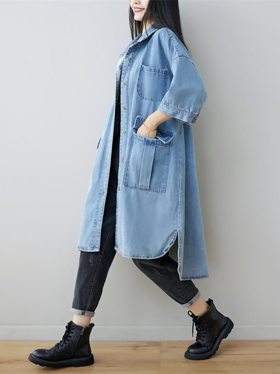 Women Autumn Vintage Three Quarter Sleeve Loose Denim Shirt Dress AS1035 BUYKUD