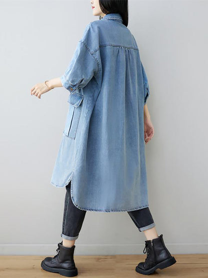 Women Autumn Vintage Three Quarter Sleeve Loose Denim Shirt Dress AS1035 BUYKUD