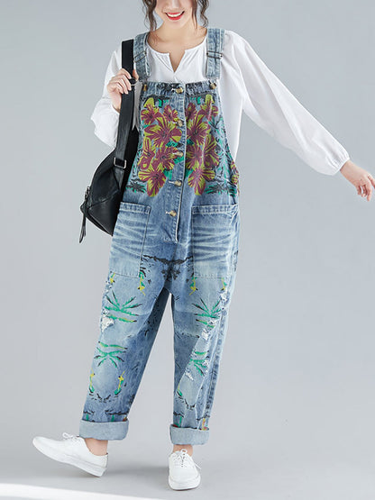 Women Summer Flower Denim Pocket Jumpsuits AS1040 BUYKUD