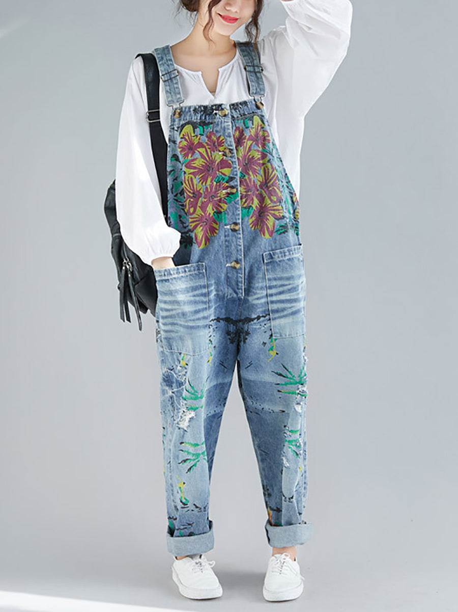 Women Summer Flower Denim Pocket Jumpsuits AS1040 BUYKUD