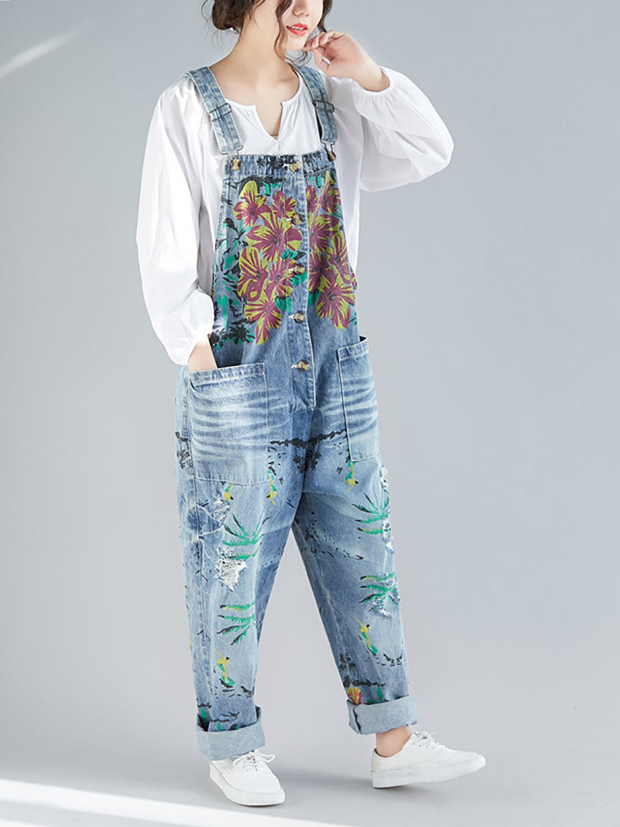 Women Summer Flower Denim Pocket Jumpsuits AS1040 BUYKUD