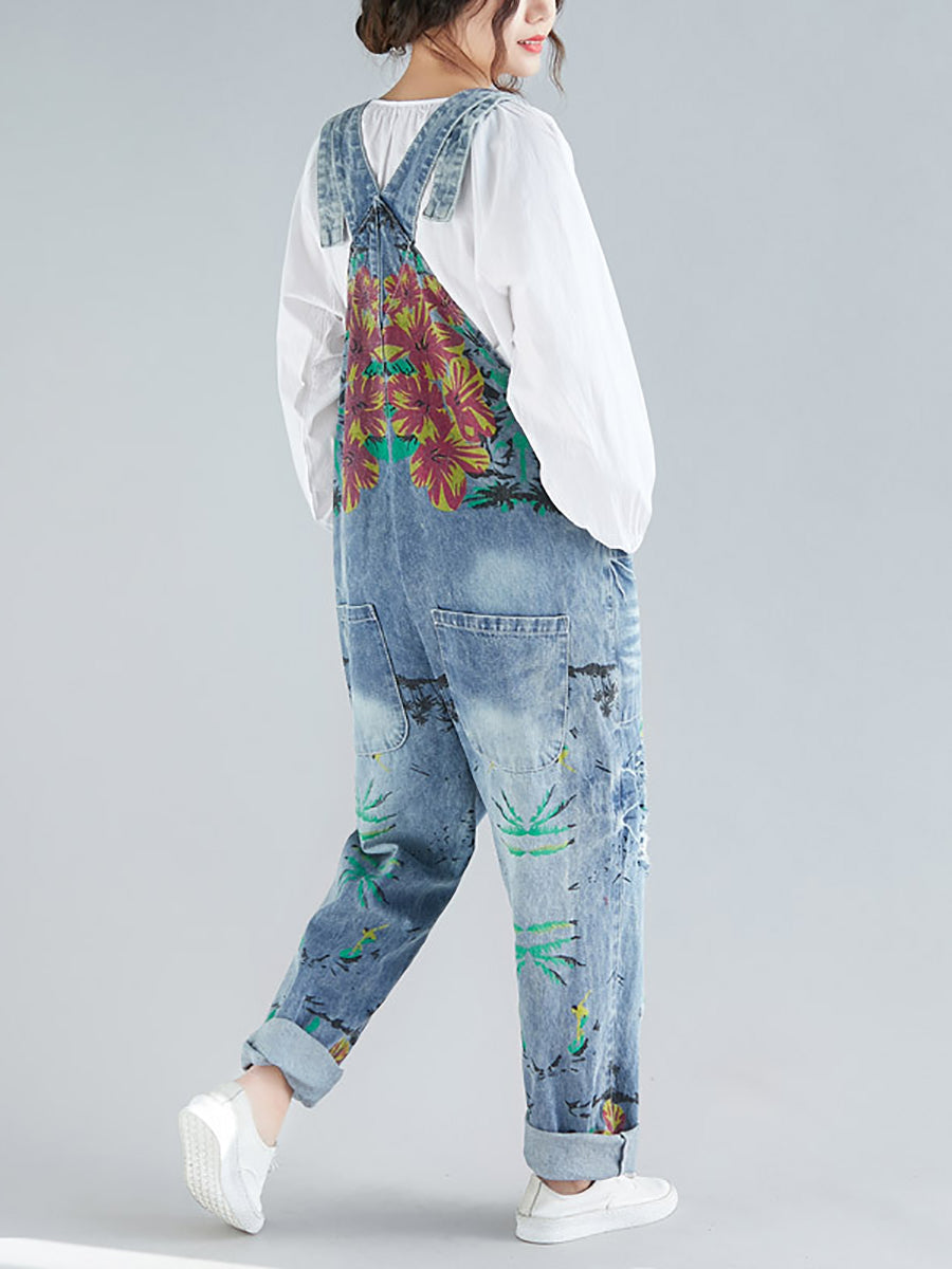 Women Summer Flower Denim Pocket Jumpsuits AS1040 BUYKUD